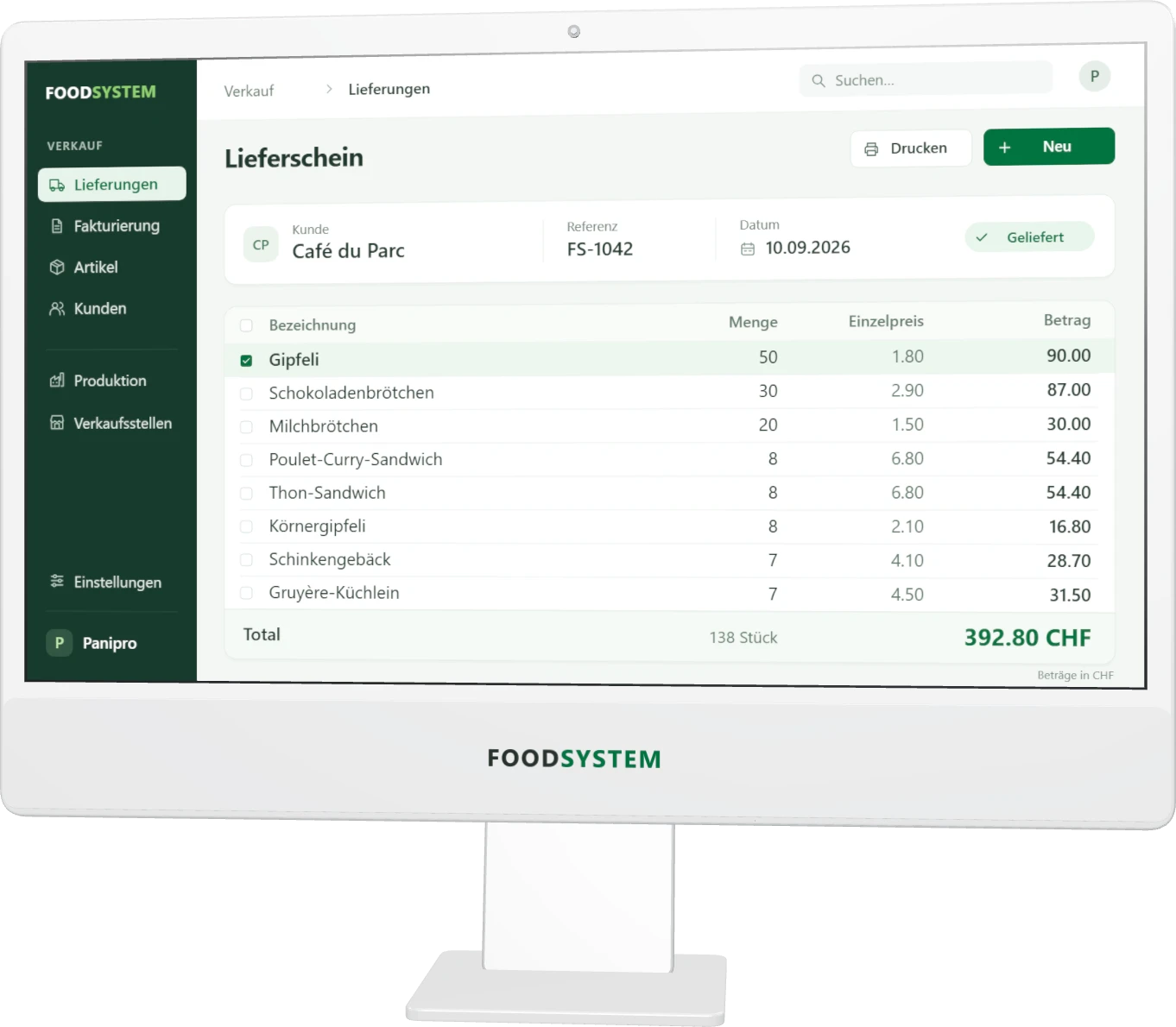 FoodSystem-Computer mit Lieferverwaltung. Eine Webbestellung gelangt in FoodSystem und anschliessend in die Fakturierung.