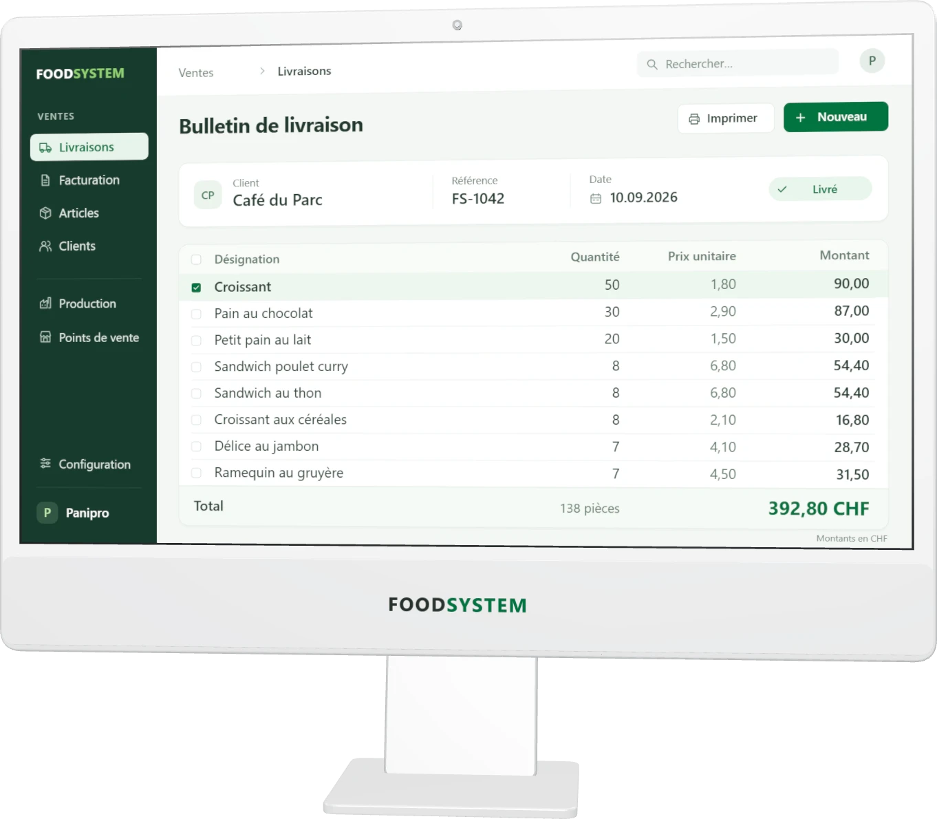 Ordinateur FoodSystem affichant la gestion des livraisons. Une commande web rejoint FoodSystem puis la facturation.