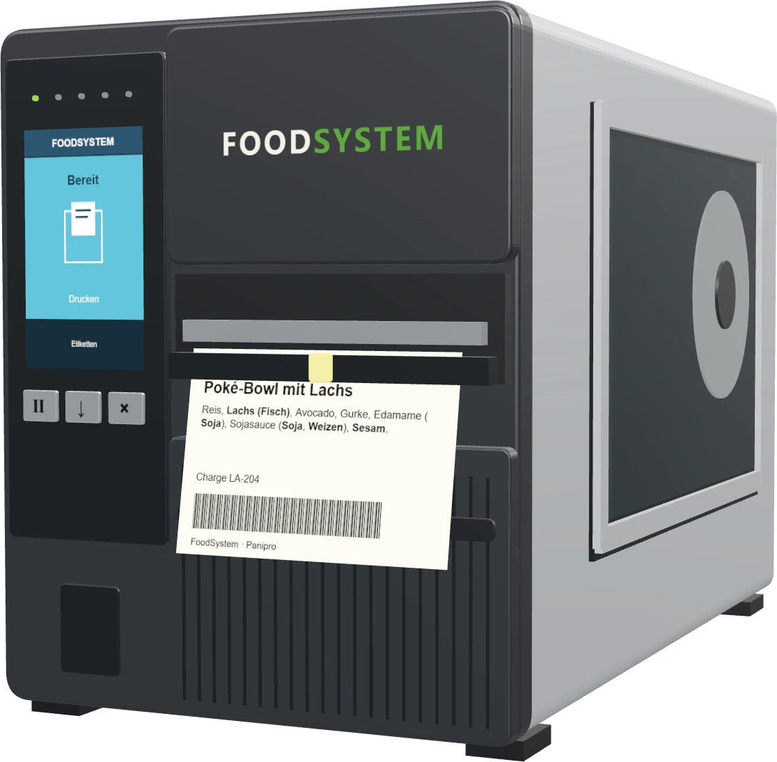 FoodSystem-Etikettendrucker in 3D mit Bedienbildschirm und ausgegebenem Produktetikett.