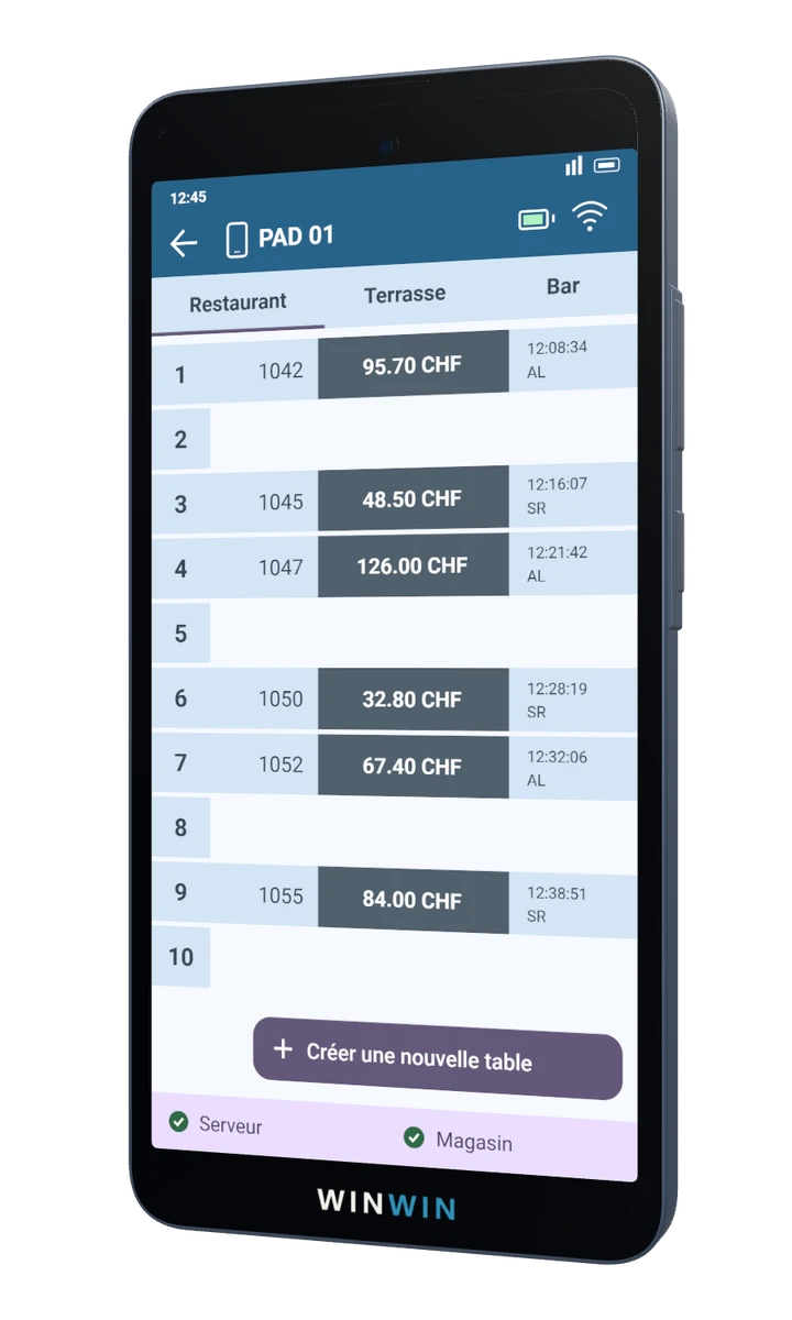 PAD WinWin A35 affichant l’interface des tables du restaurant.