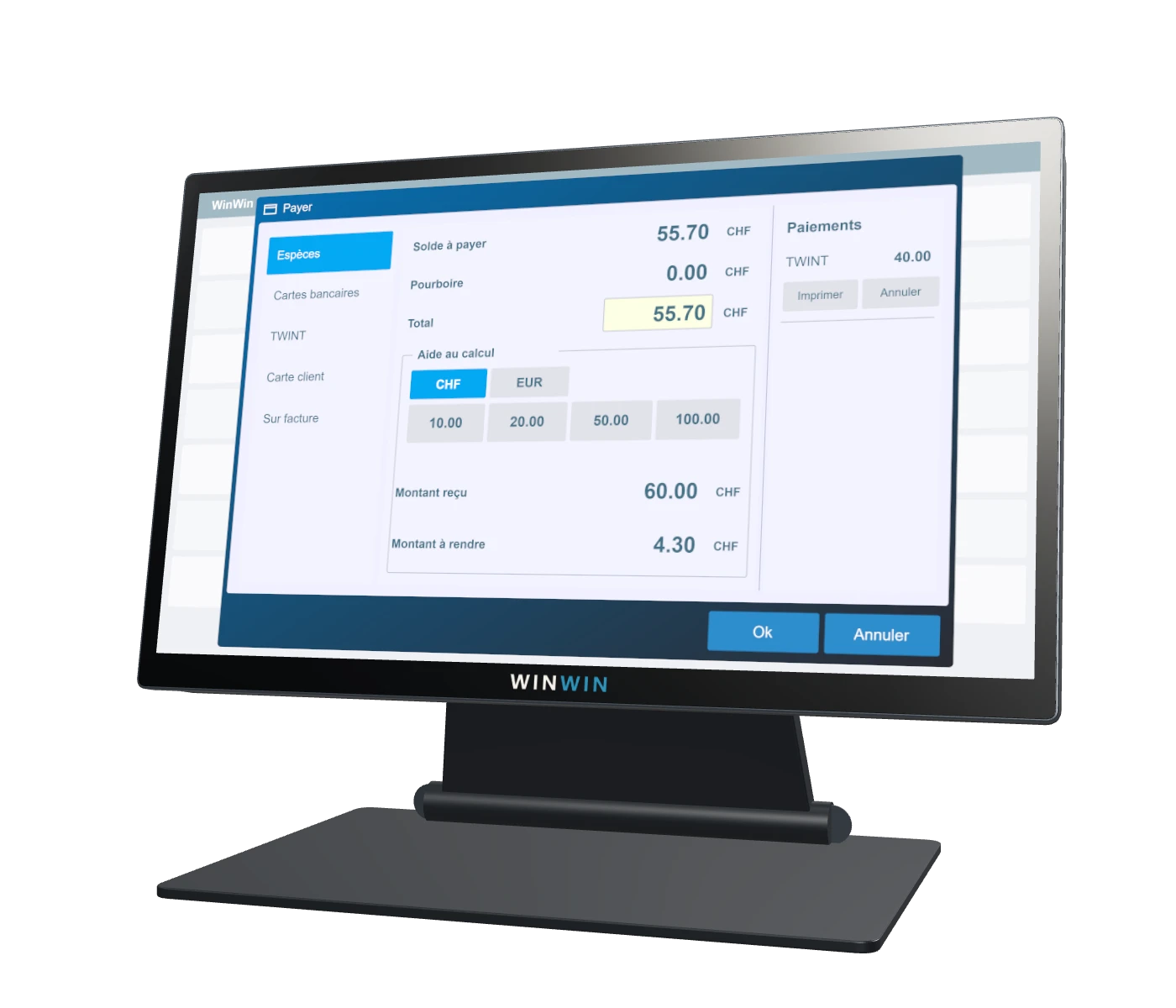 Caisse WinWin PT58A affichant l’interface de paiement.